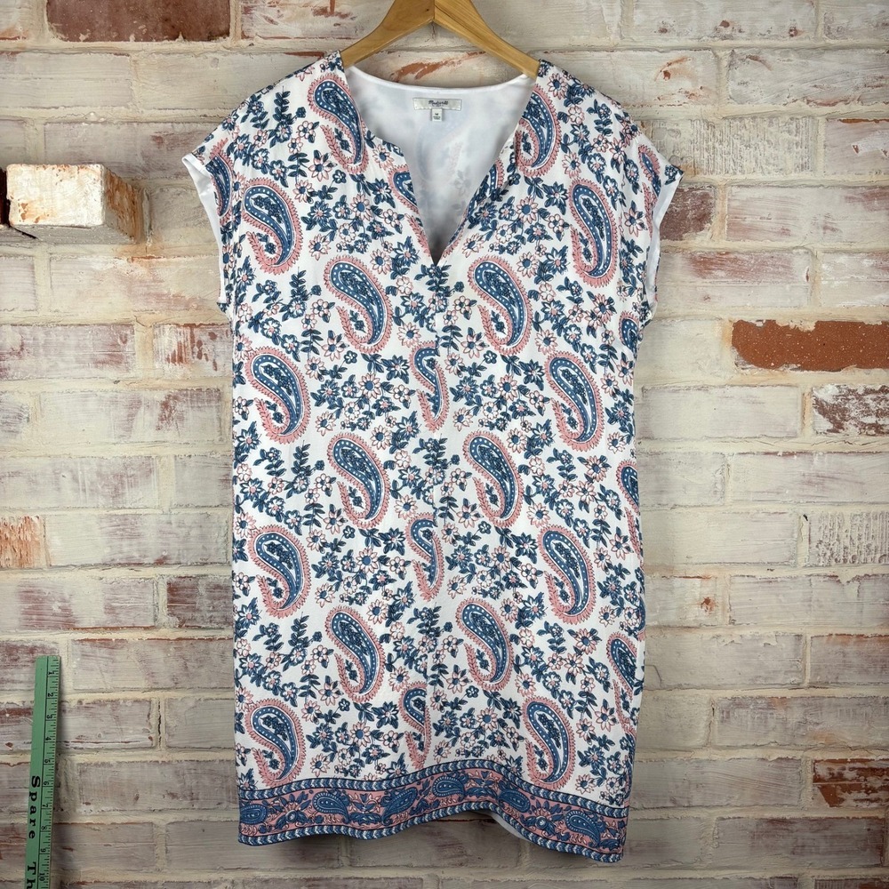 Madewell 100% Silk Paisley Floral Shift Dress M Boho V Neck Mini Resort Beach